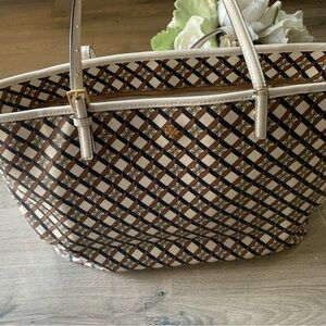 Tory Burch Geo Logo  Stylish Brown and Cream Tote Bag